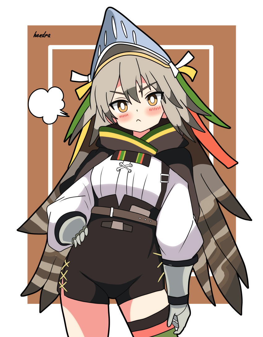 1girl :&lt; absurdres arknights black_shorts blush bright_pupils brown_background brown_cloak brown_hair cloak commentary_request cowboy_shot fartooth_(arknights) feather_hair gauntlets green_thighhighs hendra high-waist_shorts highres hood hooded_cloak inset_border long_hair looking_at_viewer puff_of_air shirt shorts signature simple_background single_thighhigh solo thigh_strap thighhighs upper_body visor_(armor) white_background white_pupils white_shirt yellow_eyes