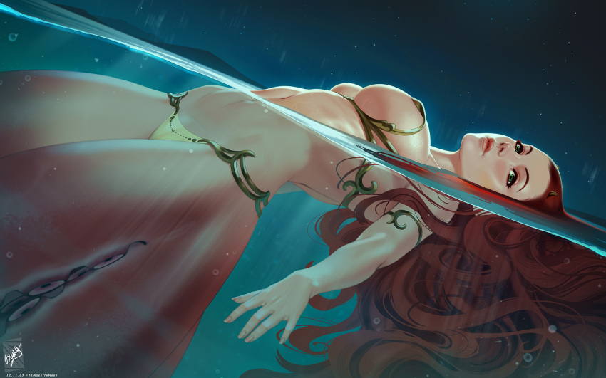 1girl artist_name bikini breasts brown_hair covered_nipples dated fish_girl from_side green_eyes highres large_breasts long_hair navel night original oriingal outdoors parted_lips partially_submerged shiny_skin signature smile solo stomach swimsuit themaestronoob yellow_bikini
