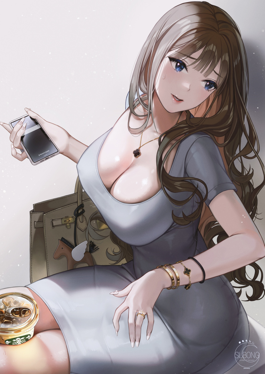 1girl absurdres artist_logo bag between_thighs blue_eyes breasts brown_hair cleavage dress gold_bracelet grey_dress highres holding holding_phone iced_coffee jewelry lips long_hair multiple_bracelets necklace original parted_lips phone ring short_sleeves sitting solo starbucks subong sweat