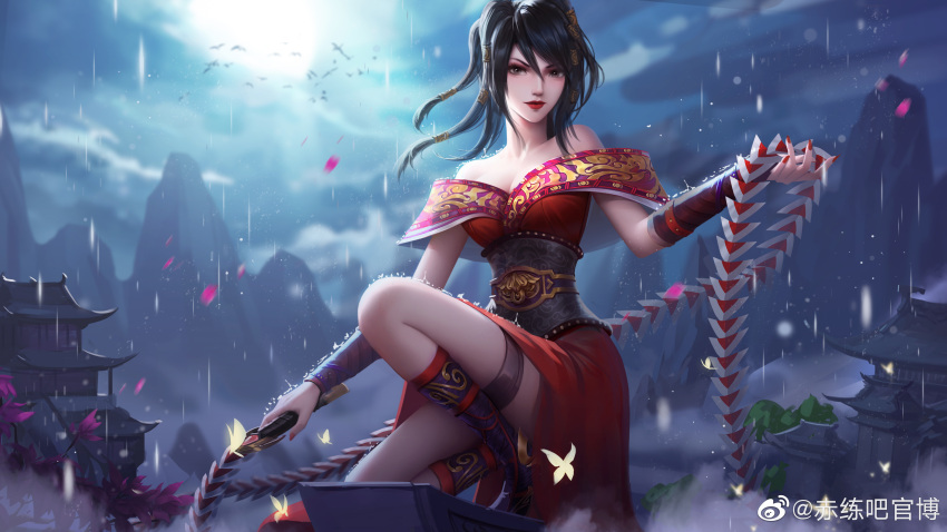 1girl absurdres bare_shoulders bird black_hair boots bug building butterfly chi_lian_(qin_shi_ming_yue) chi_lian_qiju_zhu dress flying highres mountain qin_shi_ming_yue rain red_dress rooftop short_hair whip