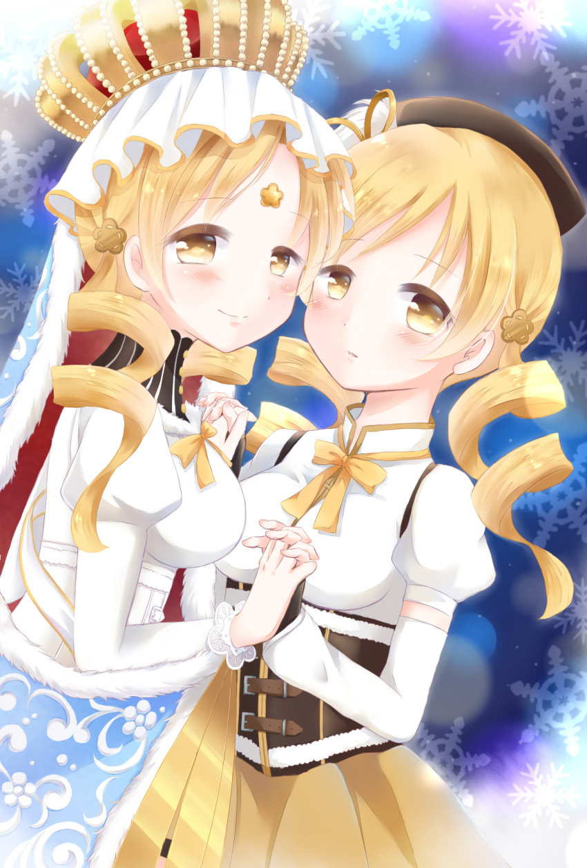 beret blonde_hair blush breasts cape crown drill_hair dual_persona fur-trimmed_cape fur_trim hat highres holding_hands holy_mami interlocked_fingers looking_at_viewer magia_record:_mahou_shoujo_madoka_magica_gaiden magical_girl mahou_shoujo_madoka_magica mahou_shoujo_madoka_magica_(anime) ribbon skirt supina tomoe_mami twin_drills yellow_eyes yellow_ribbon yellow_skirt