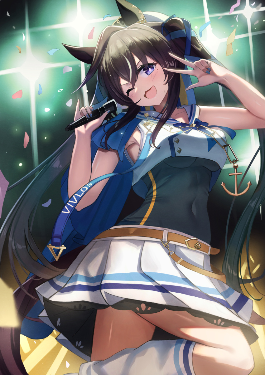 1girl :3 ;d absurdres anchor_necklace animal_ears bare_shoulders black_leotard blue_bow blue_bowtie blue_capelet blue_eyes blue_ribbon blush bow bowtie breasts brown_hair capelet collarbone commentary_request covered_navel cowboy_shot crop_top ear_covers ear_ornament glowstick hair_between_eyes hair_ornament hair_ribbon hat highres holding holding_microphone horse_ears horse_girl horse_tail jewelry kneehighs leotard leotard_under_clothes long_hair looking_at_viewer medium_breasts microphone mole mole_under_eye multicolored_hair music necklace one_eye_closed open_mouth pleated_skirt ribbon sailor_collar sailor_hat shirt sidelocks singing single_ear_cover skirt sleeveless sleeveless_shirt smile socks solo stage_lights standing standing_on_one_leg streaked_hair taguchi_yuu tail twintails umamusume v vivlos_(umamusume) white_hair white_headwear white_sailor_collar white_shirt white_skirt white_socks