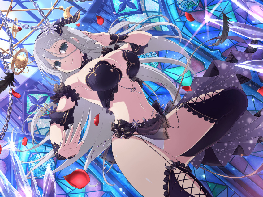 1girl bare_shoulders black_thighhighs blush breasts chain cleavage closed_mouth detached_collar detached_sleeves falling_feathers falling_petals fingernails garter_straps gekkou_(senran_kagura) green_eyes grey_hair hair_between_eyes hair_ornament hairband highres ice indoors jewelry lace-trimmed_panties lace_trim large_breasts leg_up long_hair looking_at_viewer mobile navel official_alternate_costume official_art panties petals revealing_clothes senran_kagura senran_kagura_new_link shiny_skin simple_background smile solo stained_glass stomach tareme thighhighs thighs underwear wrist_cuffs wristband yaegashi_nan