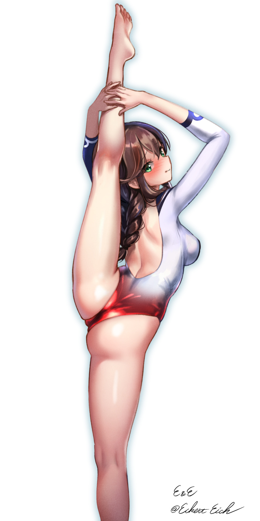 1girl absurdres ass athletic_leotard backless_leotard blush braid breasts brown_hair closed_mouth commission eckert&amp;eich feet flexible gradient_leotard green_eyes highleg highleg_leotard highres holding_leg kantai_collection large_breasts leg_lift leg_up leotard long_hair long_sleeves looking_back medium_breasts noshiro_(kancolle) red_leotard skeb_commission smile solo split standing standing_on_one_leg standing_split toes twin_braids twitter_username two-tone_leotard white_background white_leotard