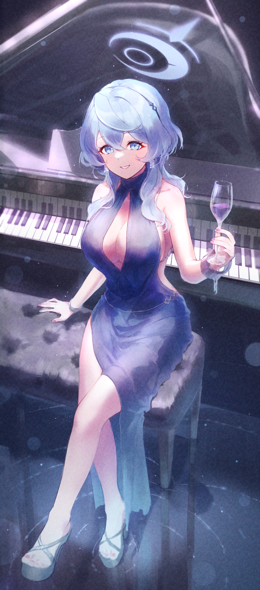 1girl absurdres ako_(blue_archive) ako_(dress)_(blue_archive) black_footwear blue_archive blue_dress blue_eyes blue_hair blue_halo blush breasts chair collarbone cup dress earrings eshineko full_body grand_piano hair_between_eyes halo high_heels highres holding holding_cup instrument jewelry large_breasts long_hair open_mouth piano piano_keys sideboob sitting sleeveless sleeveless_dress smile solo