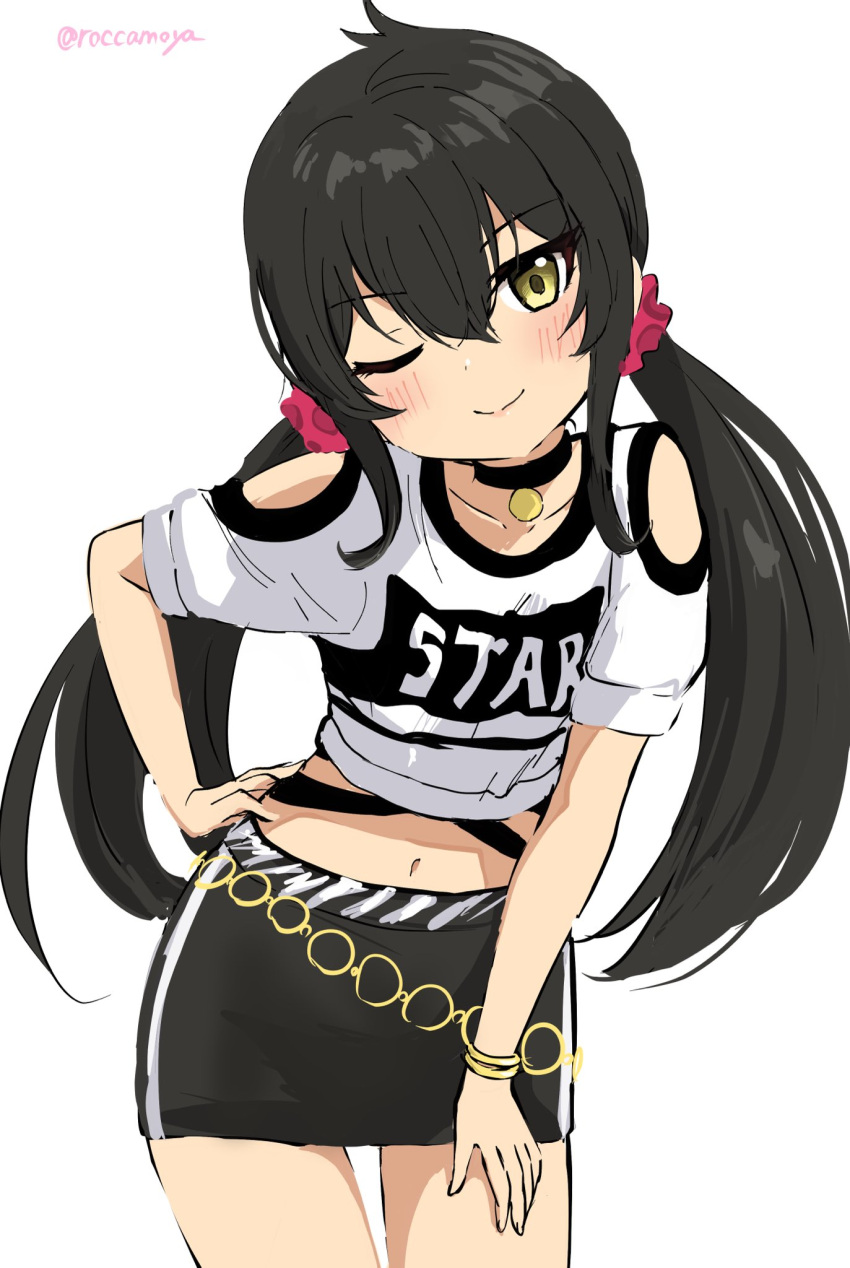 1girl black_choker black_hair black_skirt blush breasts choker closed_mouth clothing_cutout collarbone cowboy_shot dot_nose gold_bracelet hair_between_eyes hair_ornament hair_scrunchie hand_on_own_hip hand_on_own_leg highres idolmaster idolmaster_cinderella_girls idolmaster_cinderella_girls_starlight_stage long_hair looking_at_viewer matoba_risa miniskirt navel one_eye_closed pencil_skirt red_scrunchie roccamoya scrunchie shirt short_sleeves shoulder_cutout simple_background skirt small_breasts smile solo standing twintails twitter_username white_background white_shirt yellow_eyes