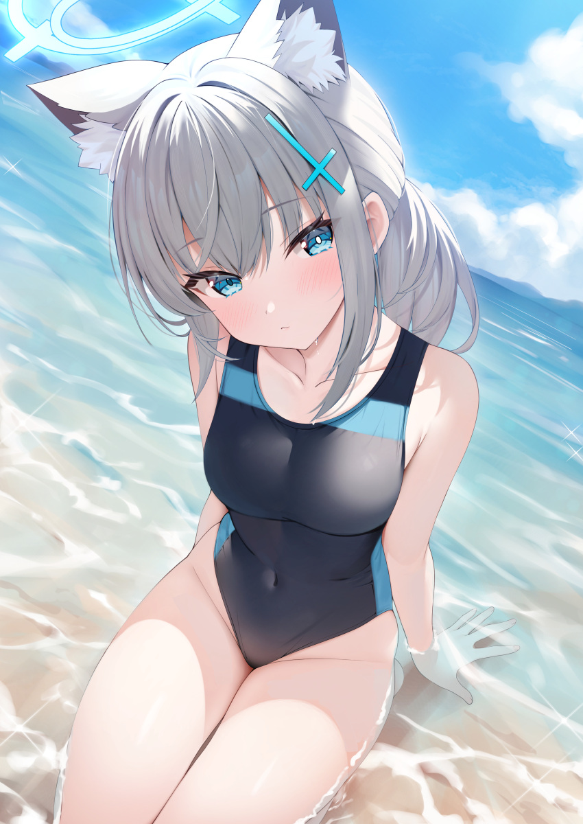 1girl absurdres animal_ear_fluff animal_ears bare_arms bare_legs bare_shoulders beach black_one-piece_swimsuit blue_archive blue_eyes blue_halo blush breasts closed_mouth competition_swimsuit covered_navel cross_hair_ornament day extra_ears grey_hair groin hair_ornament halo highres looking_at_viewer medium_breasts medium_hair mismatched_pupils ocean official_alternate_costume one-piece_swimsuit outdoors rei_(ilust9999) shiroko_(blue_archive) shiroko_(swimsuit)_(blue_archive) sitting solo swimsuit wolf_ears