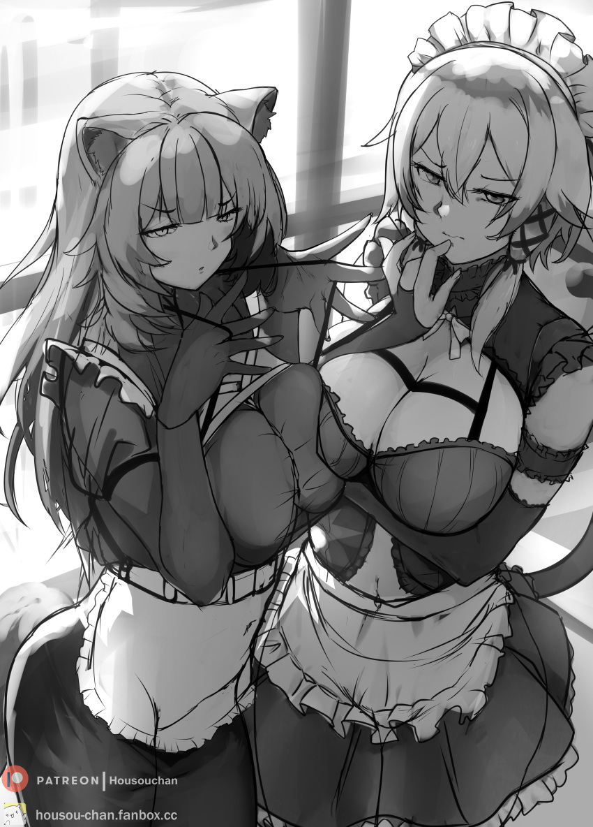 2girls absurdres animal_ears apron backlighting bangs blue_hair blunt_bangs blush breast_press breasts brown_hair cleavage cleavage_cutout clothing_cutout dress elbow_gloves english_commentary eyebrows_visible_through_hair fanbox_username frilled_dress frills frown gloves greyscale hair_between_eyes half-closed_eyes highres housou-chan large_breasts long_hair long_sleeves looking_at_viewer maid maid_apron maid_headdress medium_hair monochrome multiple_girls patreon_username pencil_skirt pulled_by_self raphtalia sinon sketch skirt suspenders suspenders_pull sword_art_online tate_no_yuusha_no_nariagari window