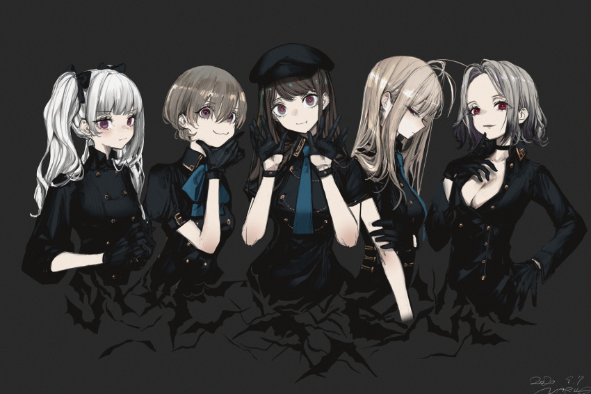 5girls black_bow black_gloves blonde_hair blue_bow blue_bowtie blue_necktie bow bowtie breasts buttons choker cleavage collared_shirt double-breasted flat_cap gloves grey_hair hair_bow hat highres holding_own_arm long_hair long_sleeves multiple_girls narue necktie original puffy_short_sleeves puffy_sleeves purple_eyes shirt short_sleeves smile twintails upper_body white_hair