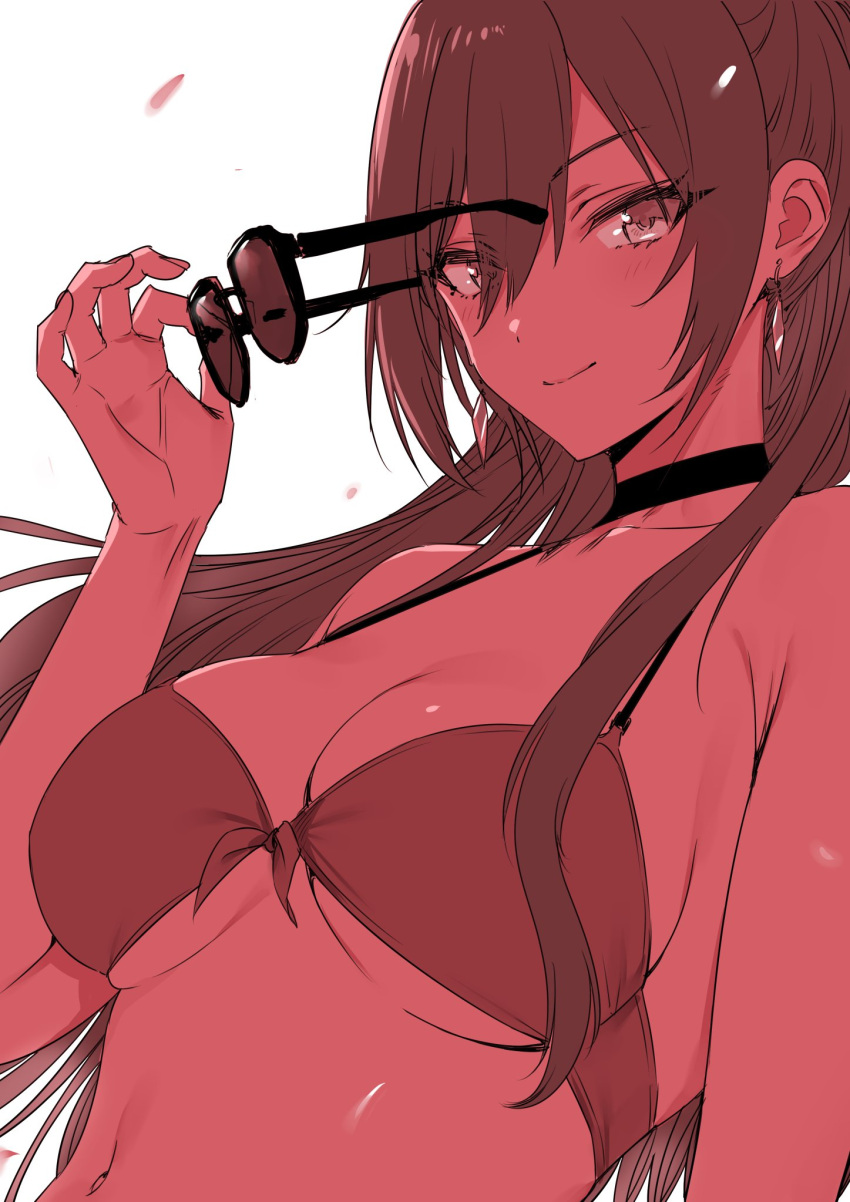 1girl bikini blush breasts choker cleavage collarbone earrings floating_hair front-tie_bikini_top front-tie_top goshiki_suzu highres holding holding_removed_eyewear idolmaster idolmaster_shiny_colors jewelry large_breasts looking_at_viewer monochrome red_theme shirase_sakuya smile solo sunglasses swimsuit unworn_eyewear upper_body