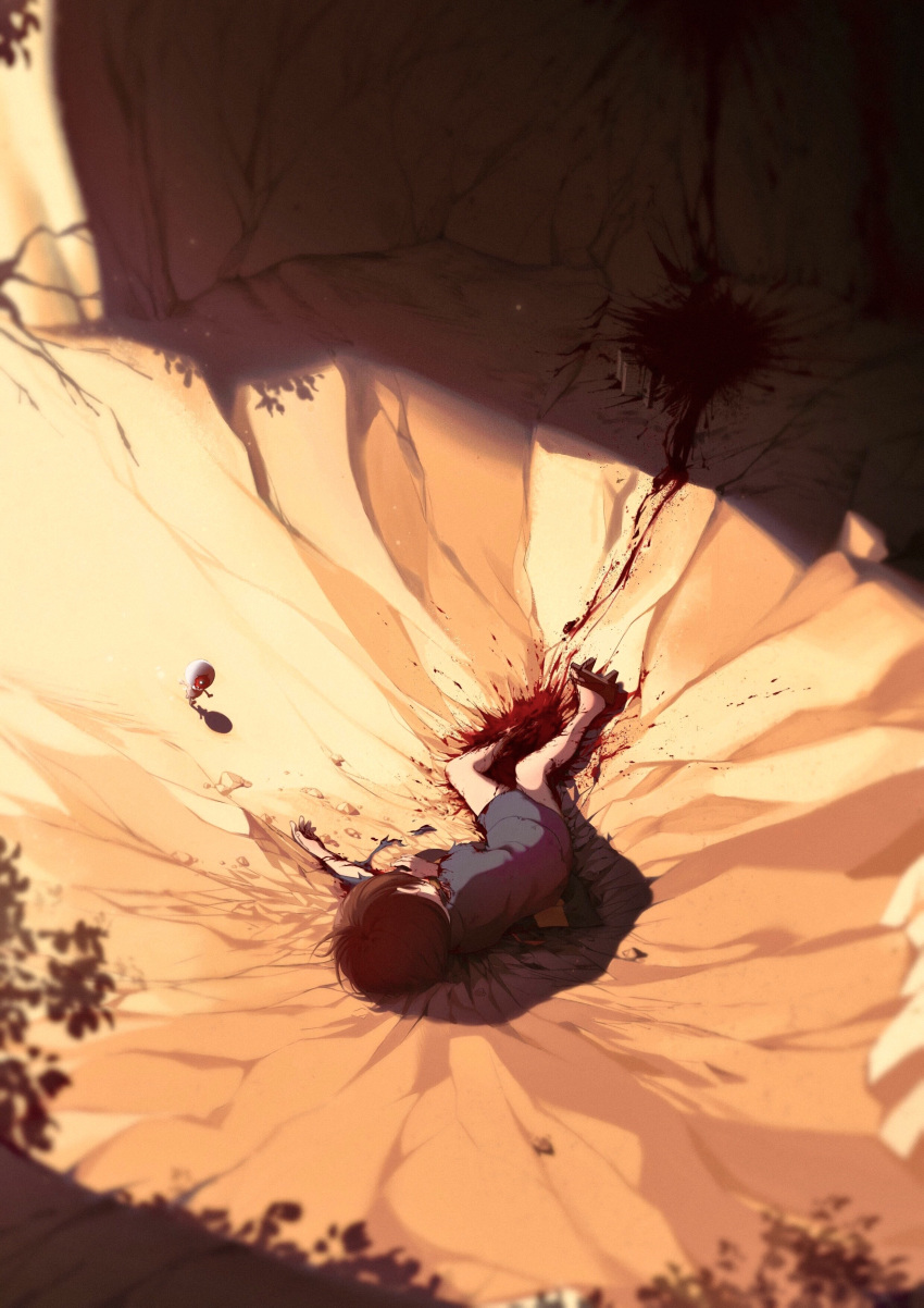2boys absurdres amputee bleeding blood blood_on_ground blood_splatter blood_trail blurry brown_hair chihiro_(shadow199912) child crying depth_of_field eyeball gegege_no_kitarou geta highres hole_in_floor injury kitarou lying medama_oyaji monster_boy multiple_boys nature on_ground on_side outstretched_arm red_eyes shoes short_hair solo_focus torn_clothes torn_sleeves traditional_youkai unworn_shoes walking worried