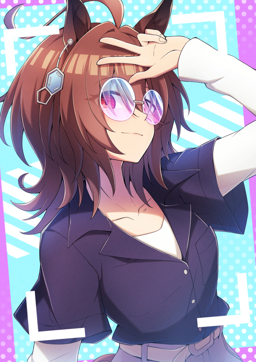 1girl agnes_tachyon_(umamusume) ahoge animal_ears arm_up belt black_shirt brown_hair closed_mouth collared_shirt commentary_request earrings gradient-tinted_eyewear grey_pants highres horse_ears horse_girl jewelry layered_sleeves long_sleeves looking_at_viewer medium_hair messy_hair multicolored_background official_alternate_costume pants polka_dot polka_dot_background red_eyes ruisuke shirt short_over_long_sleeves short_sleeves single_earring solo sunglasses umamusume upper_body w white_belt white_shirt