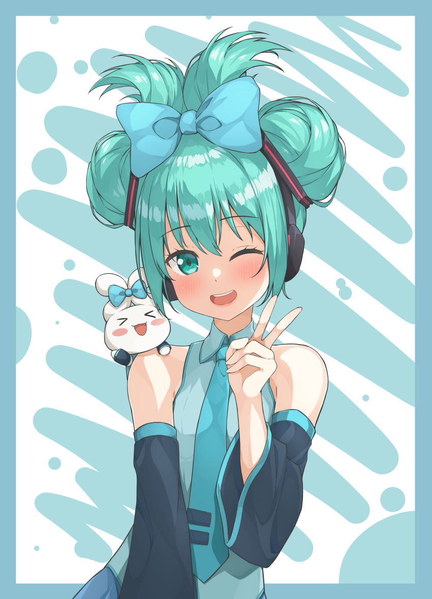 1girl ;d absurdres animal_on_shoulder aqua_hair aqua_necktie blue_bow blush bow breasts cinnamiku detached_sleeves double_bun ear_bow folded_twintails hair_bun hatsune_miku headphones highres medium_hair necktie one_eye_closed sanrio small_breasts smile tied_ears tuya_yuanwang updo upper_body v vocaloid