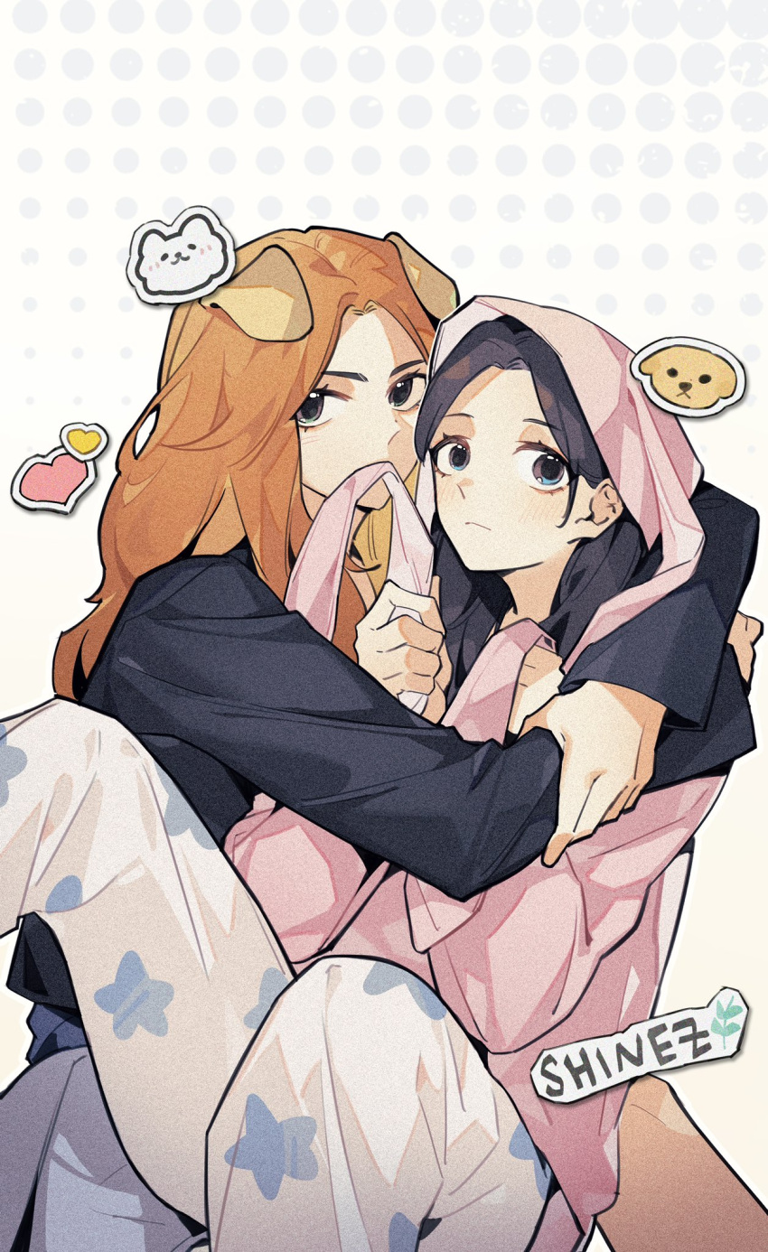 2girls akechi_(826988799) animal_ears animification black_sweater blue_eyes brown_hair dog_ears dog_girl frown hair_behind_ear heart highres holding_own_arm hood hood_up hug huh_yun-jin k-pop le_sserafim long_hair looking_at_viewer multiple_girls nakamura_kazuha pajamas pants real_life star_(symbol) sticker sweater white_pants