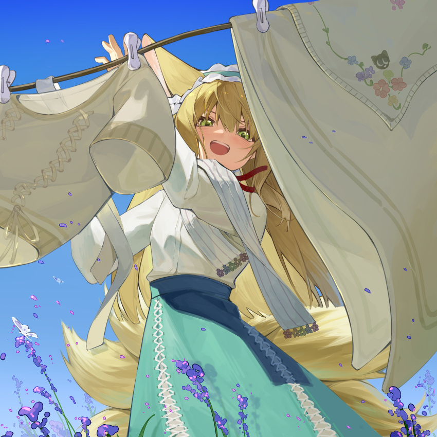 1girl animal_ears aqua_hairband aqua_skirt arknights blonde_hair blue_sky bug butterfly character_print clothes_pin clothesline drying drying_clothes flower fox_ears fox_girl fox_tail frilled_hairband frills green_eyes hair_between_eyes hairband heixiu highres lavender_(flower) long_hair long_skirt long_sleeves looking_at_viewer multiple_tails neck_ribbon official_alternate_costume open_mouth outdoors purple_flower red_ribbon ribbon shirt skirt sky solo standing suyi-j suzuran_(arknights) suzuran_(spring_praise)_(arknights) tail teeth upper_teeth_only very_long_hair white_shirt