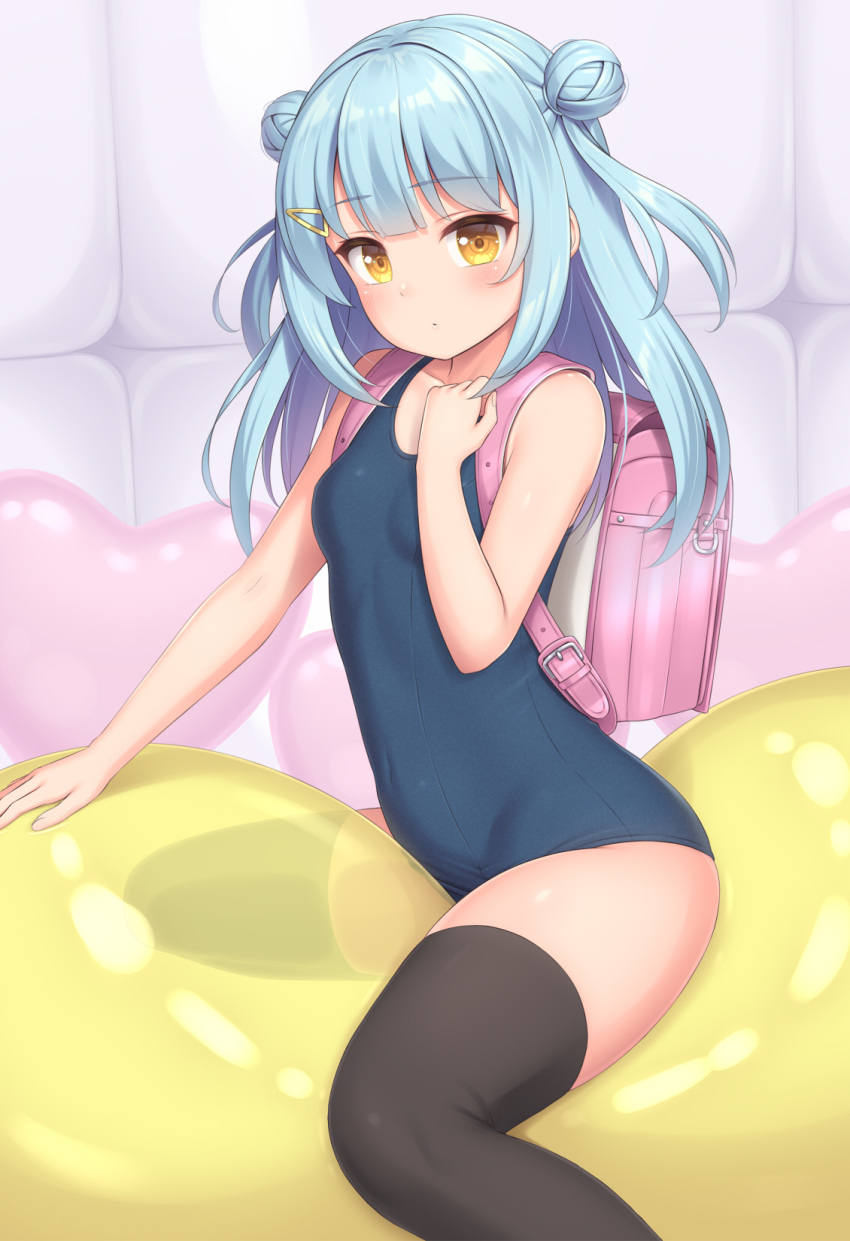 aqua_hair backpack bag balloon bare_arms black_thighhighs blush breasts commentary_request dango_(sasaame) dot_mouth double_bun feet_out_of_frame hair_bun hair_ornament hairclip highres indoors long_hair looking_at_viewer old_school_swimsuit original randoseru sasaame school_swimsuit small_breasts straddling swimsuit thighhighs tile_wall tiles yellow_eyes