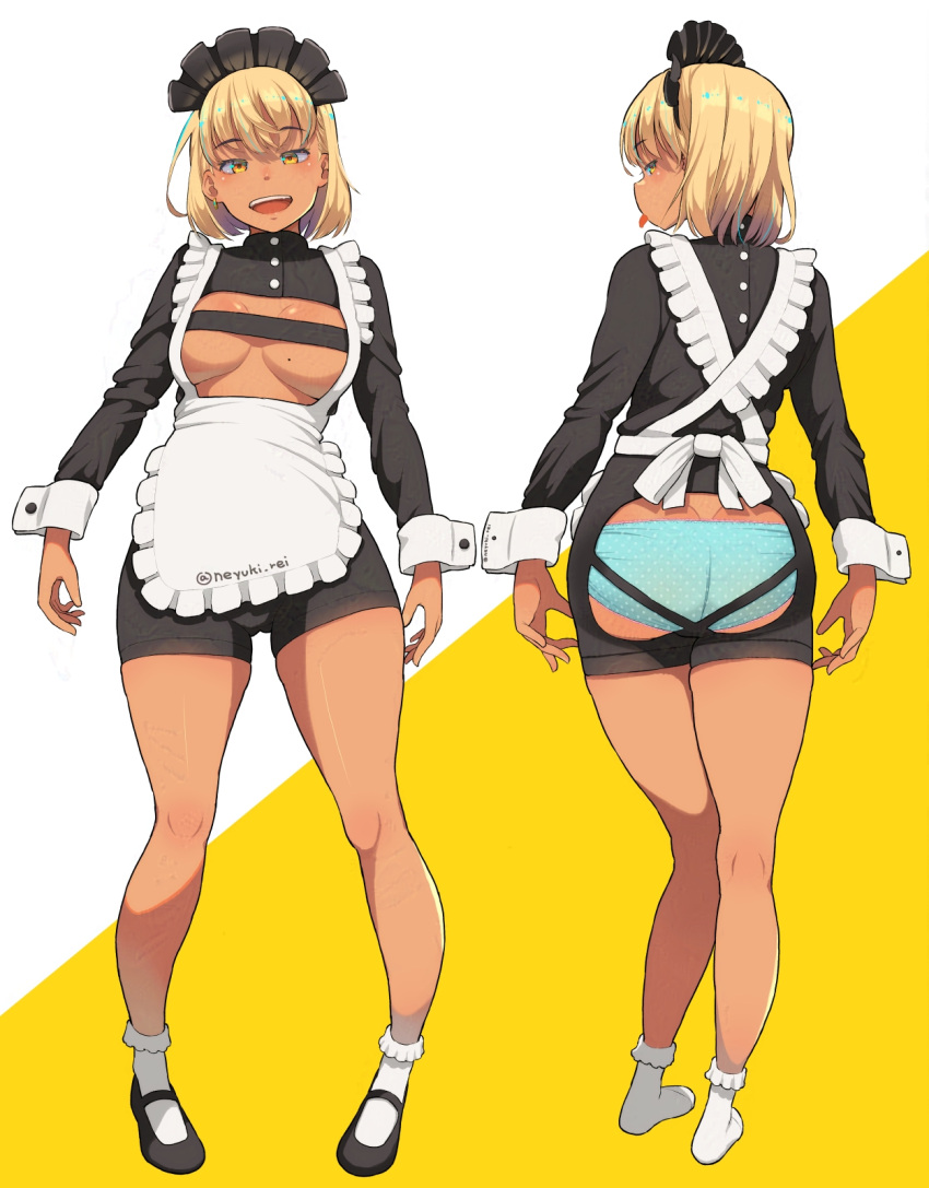 1girl :d apron ass ass_cutout black_dress blonde_hair blue_panties breasts center_opening clothing_cutout commentary_request dark-skinned_female dark_skin dress earrings frilled_apron frills from_behind highres jewelry long_sleeves looking_at_viewer maid maid_headdress medium_breasts mole mole_on_breast multiple_views neyuki_rei open_mouth original panties polka_dot polka_dot_panties profile short_hair smile standing tongue tongue_out underwear white_apron wrist_cuffs yellow_eyes