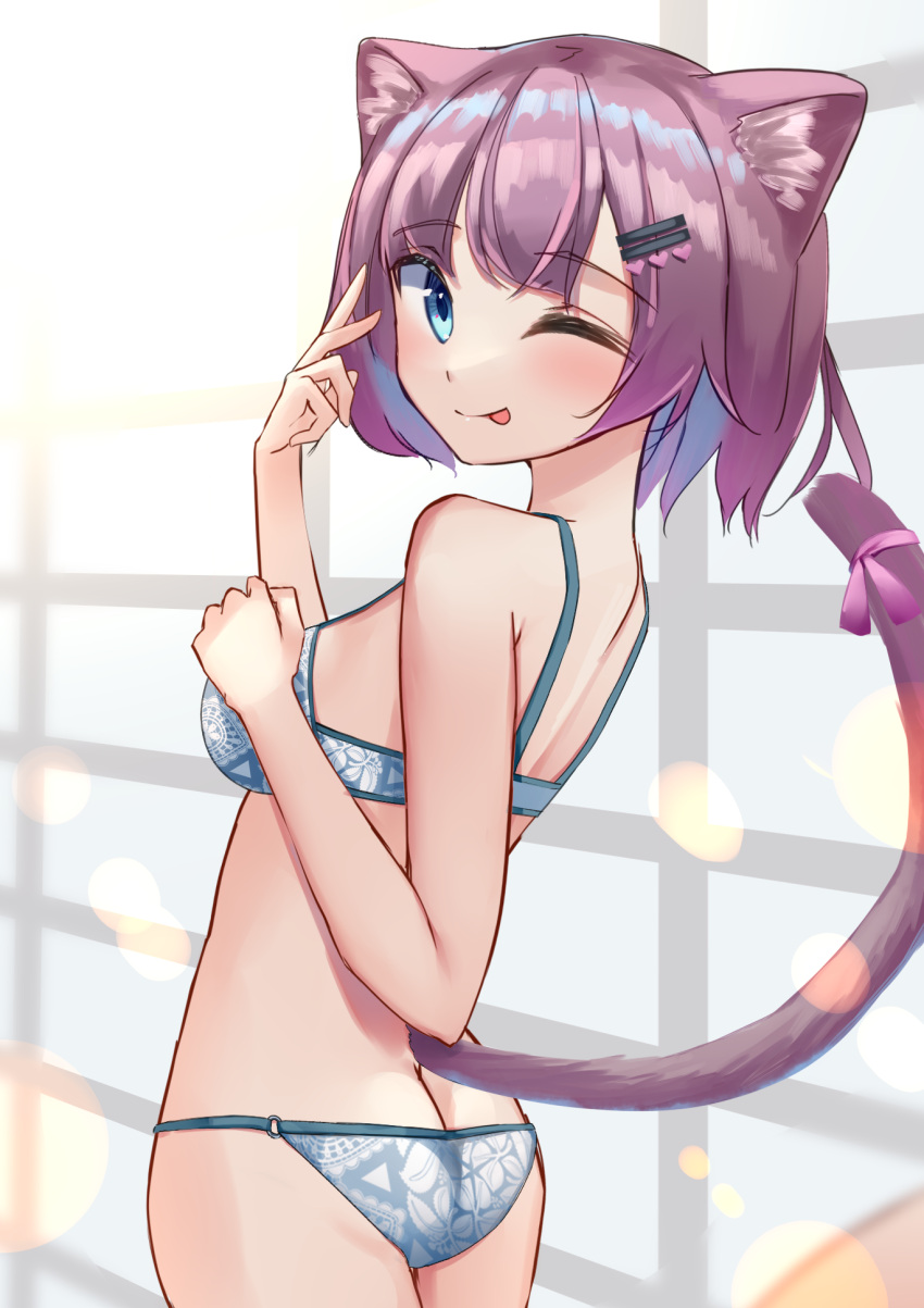 1girl ;p akinakesu-chan animal_ear_fluff animal_ears ass bangs bare_arms bare_shoulders blue_bra blue_eyes blue_panties blush bra butt_crack cat_ears cat_girl cat_tail closed_mouth commentary_request eyebrows_visible_through_hair from_behind hair_ornament hairclip highres looking_at_viewer looking_back multicolored_hair o-ring o-ring_bottom o-ring_panties one_eye_closed original panties pink_hair print_bra print_panties purple_hair smile solo streaked_hair tail tongue tongue_out underwear underwear_only window