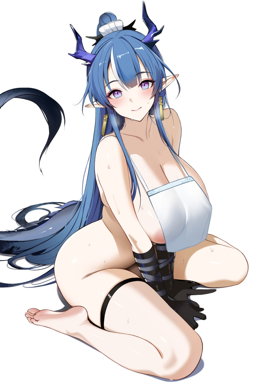 1girl arknights ateoyh barefoot blue_eyes blue_hair bottomless breast_curtains breasts cleavage dragon_girl dragon_horns dragon_tail earrings highres horns huge_breasts jewelry ling_(arknights) long_hair looking_at_viewer multicolored_hair no_bra no_panties pointy_ears smile soles solo streaked_hair tail very_long_hair white_hair