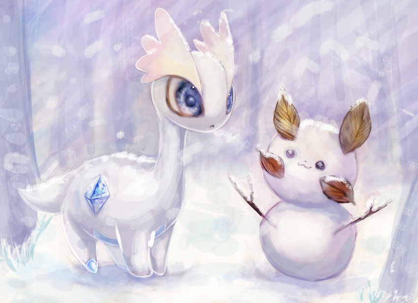 :3 absurdres amaura animal_focus blue_eyes blue_gemstone blurry blurry_background commentary day forest full_body gem grass highres leaf nature no_humans open_mouth outdoors pikachu pokemon pokemon_(creature) snow snowing snowman solo standing stick tensaitou_tou tree winter