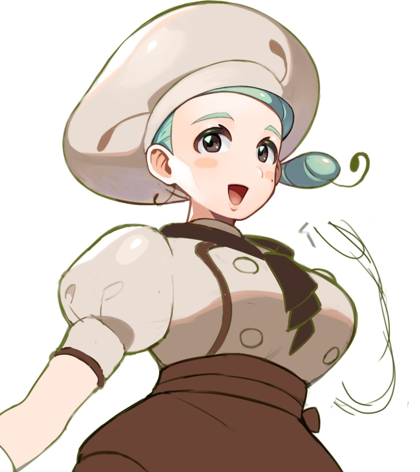 1girl =_(9_yawbus) apron ascot breasts brown_apron brown_ascot brown_skirt buttons chef_hat gloves green_hair hat highres katy_(pokemon) large_breasts low_side_ponytail mole mole_on_cheek muffin_top pokemon pokemon_sv puffy_short_sleeves puffy_sleeves short_sleeves skirt solo waist_apron