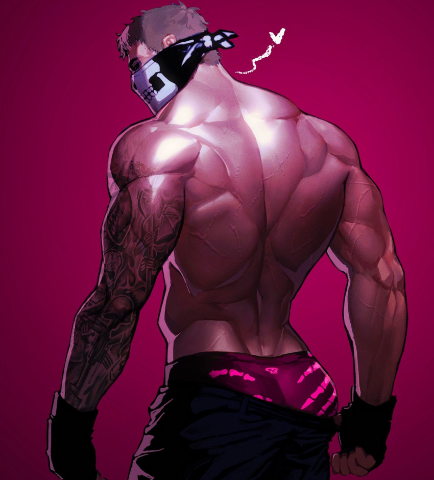 1boy arm_tattoo ass bandana bandana_over_mouth bara biceps call_of_duty call_of_duty:_modern_warfare_2 cordedcart fingerless_gloves ghost_(modern_warfare_2) gloves grey_hair heart highres looking_at_viewer male_focus male_underwear manly mature_male muscular muscular_male neon_lights red_background scar short_hair simple_background solo tattoo topless_male triceps underwear wide_back