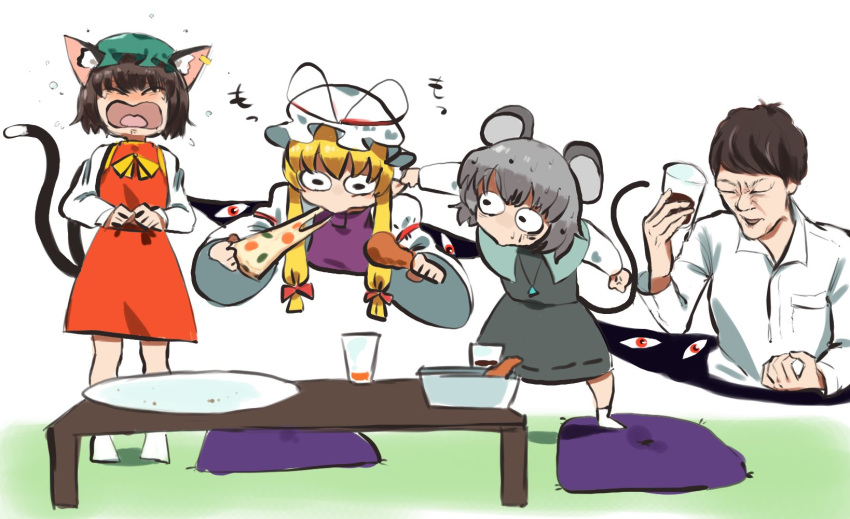 +++ 1boy 3girls animal_ear_fluff animal_ear_piercing animal_ears blonde_hair blush brown_hair cat_ears cat_tail chen closed_eyes commentary_request crumbs crying cup dress drumsticks dual_wielding earrings flying_sweatdrops food full_body furrowed_brow ga-chan24 gap_(touhou) grey_hair hair_ribbon hat highres hikakin holding holding_cup holding_drumsticks holding_food holding_pizza jewelry leaning_forward legs_apart mob_cap mouse_ears mouse_tail multiple_girls multiple_tails nazrin nekomata nose_blush open_mouth petite pillow pizza red_dress ribbon short_hair sidelocks simple_background single_earring standing table tail tongue touhou tress_ribbon two_tails white_background white_headwear wide-eyed yakumo_yukari