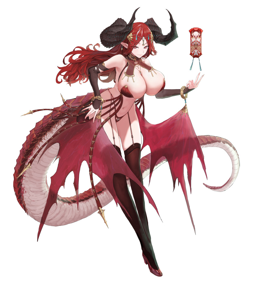 1girl absurdres asterisk_(symbol) black_thighhighs breasts cho_gum cleavage demon_horns detached_sleeves dragon_tail earrings forehead_jewel full_body garter_straps hair_ornament high_heels highleg highleg_panties highres horns jewelry large_breasts long_hair looking_at_viewer low_wings mole mole_on_breast navel original panties pointy_ears red_eyes red_footwear red_hair red_panties red_wings simple_background solo symbol-shaped_pupils tail thighhighs underwear white_background wings