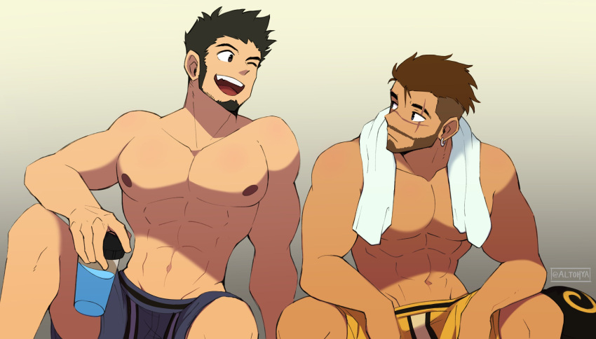 2boys aark0 bara beard black_hair boxing_gloves brown_hair commission danny_(felixnosi) facial_hair full_beard highres large_pectorals male_focus mature_male multiple_boys muscular muscular_male oc_(felixnosi) one_eye_closed original pectorals short_hair side-by-side thick_eyebrows wrestler yaoi