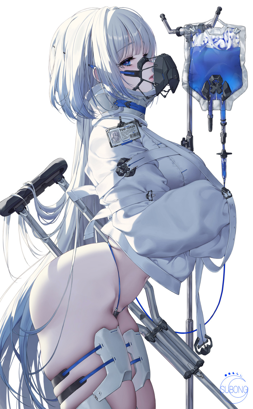 1girl absurdres artist_logo ass barcode belt blue_eyes blue_liquid breasts chest_strap crescent crutch from_side grey_hair highres id_card intravenous_drip iv_stand jacket lips long_hair muzzle navel original parted_lips skindentation straitjacket subong thighs very_long_hair white_belt white_jacket