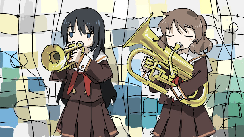 2girls black_hair blank_eyes blue_eyes bow bowtie brown_hair hibike!_euphonium highres instrument kitauji_high_school_uniform kousaka_reina long_hair multiple_girls oumae_kumiko school_uniform short_hair trumpet tsukumizu_yuu tuba