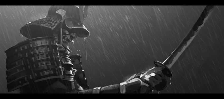 1other absurdres armor axelsauerwald backlighting covered_face grey_background greyscale hands_up helmet highres holding holding_sword holding_weapon japanese_armor kabuto_(helmet) katana kote kusazuri letterboxed mask monochrome oni_mask original painterly rain samurai shikoro shoulder_armor sode solo sword upper_body water_drop weapon