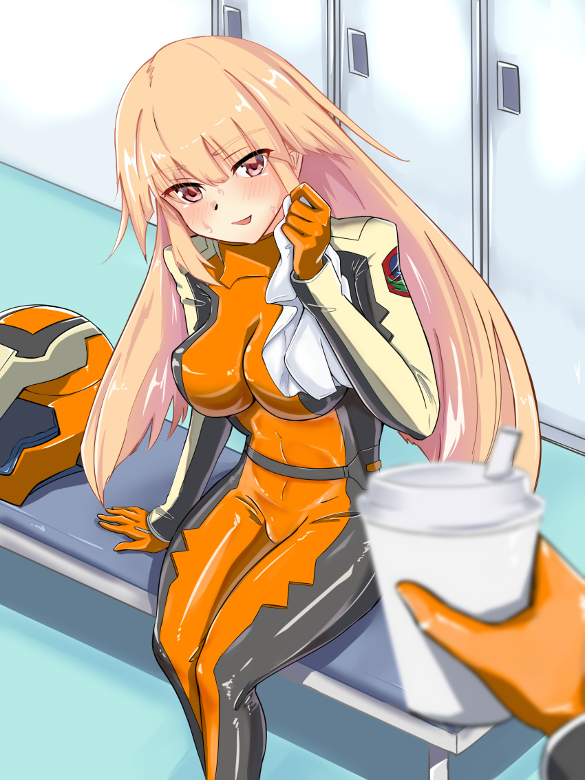 1girl 1other absurdres bench blonde_hair blurry bodysuit breasts brooklyn_(kancolle) commentary_request commission cosplay depth_of_field english_commentary feet_out_of_frame gloves gundam gundam_seed helmet highres impossible_clothes kantai_collection large_breasts locker long_hair mixed-language_commentary orange_bodysuit orange_gloves pilot_suit red_eyes skeb_commission solo_focus timosan towel tumbler unworn_headwear unworn_helmet