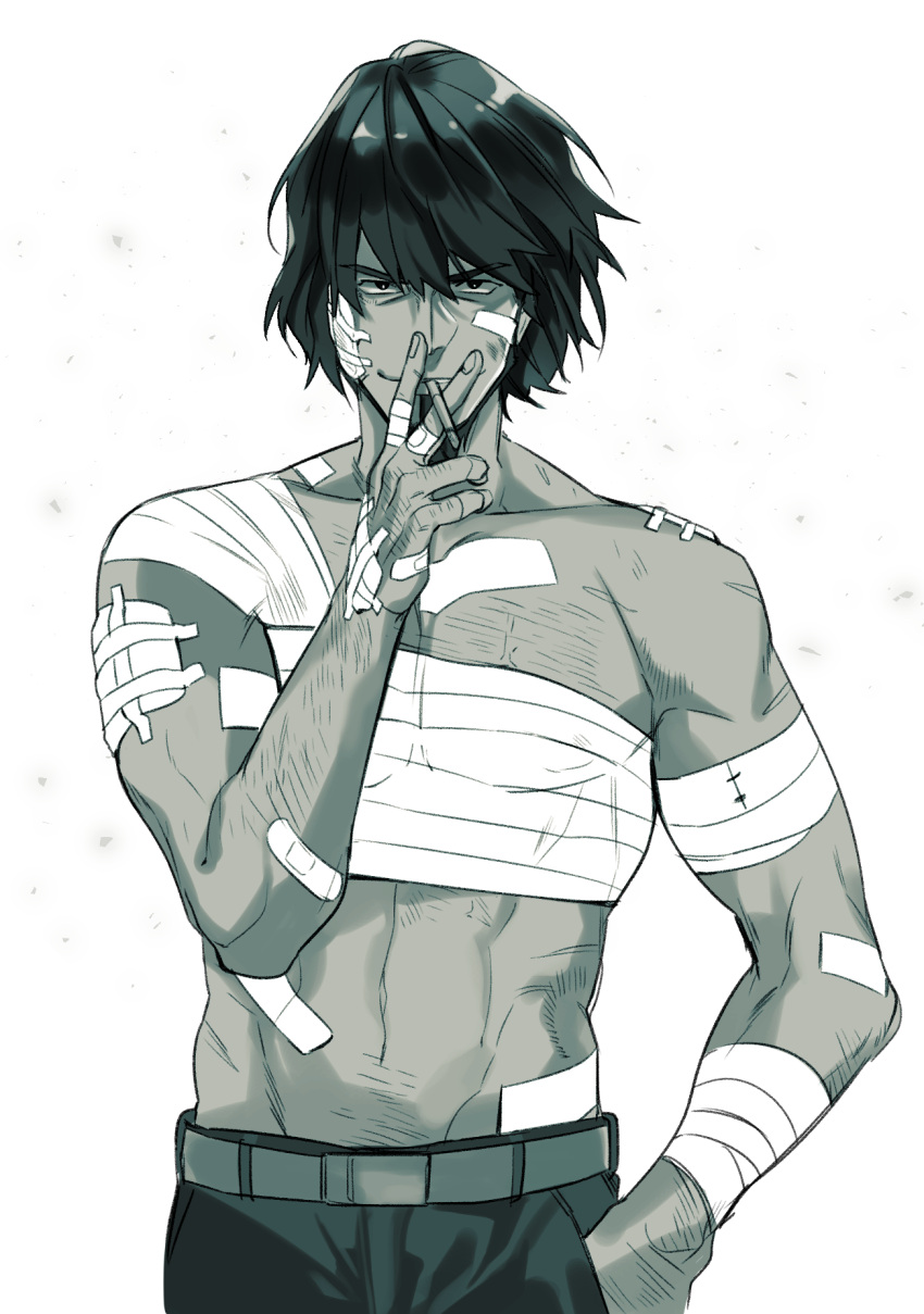 1boy arm_hair bandaged_arm bandaged_chest bandaged_fingers bandaged_hand bandages belt between_fingers blood blood_on_face chest_hair collarbone cowboy_shot gauze gauze_on_arm gauze_on_cheek halorane hand_hair highres holding jigen_daisuke knuckle_hair looking_at_viewer lupin_iii male_focus monochrome pectorals short_hair smile smoking solo straight-on toned toned_male topless_male