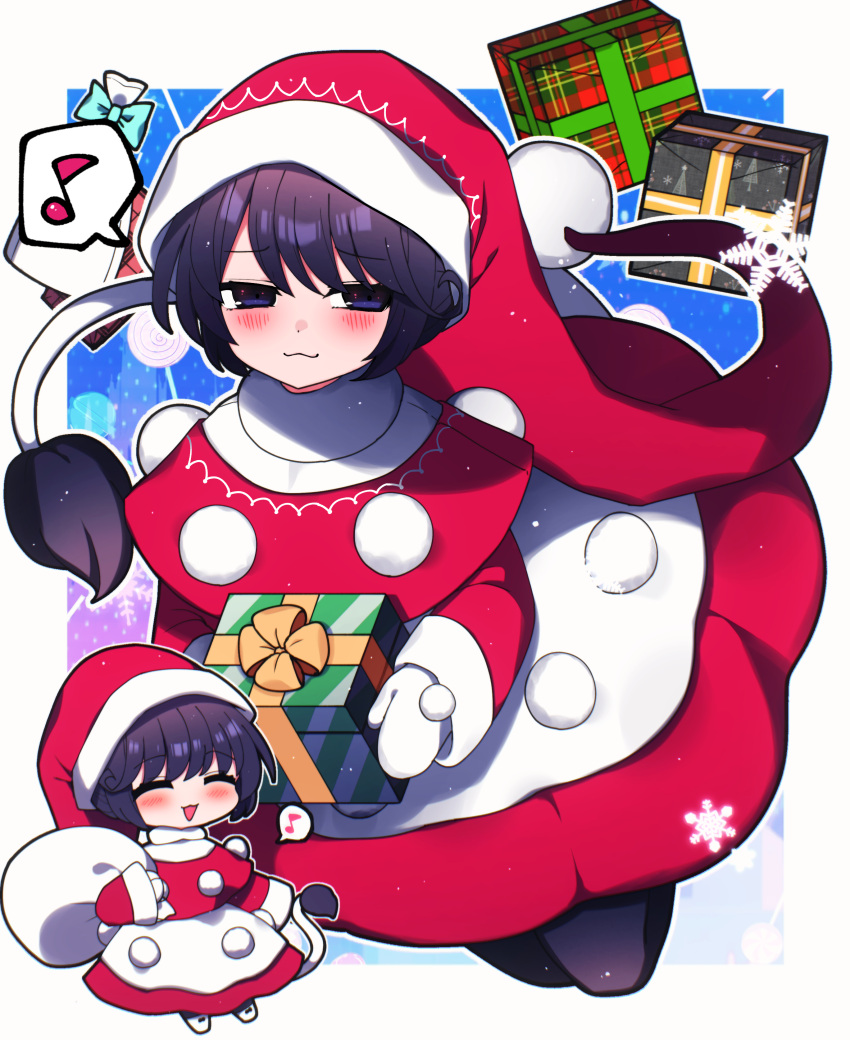 1girl :3 absurdres black_thighhighs blue_eyes blue_hair blush bow box candy capelet carrying_over_shoulder chibi chibi_inset christmas closed_eyes dark_blue_hair doremy_sweet dress eighth_note eyes_visible_through_hair food gift gift_bag gift_box half-closed_eyes hat highres holding holding_box holding_gift holding_sack lollipop mittens musical_note nightcap over_shoulder pom_pom_(clothes) raised_eyebrows red_capelet red_dress red_headwear sack santa_costume santa_dress santa_hat short_hair smile snowflakes speech_bubble spoken_musical_note swirl_lollipop tail tapir_tail thighhighs touhou white_footwear white_mittens you_(noanoamoemoe)