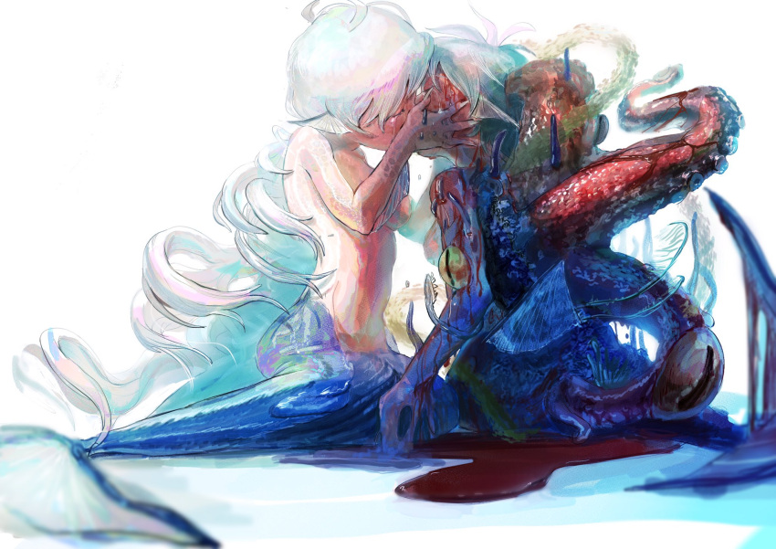 2girls aqua_hair arm_fins blood blood_on_face blood_on_ground blue_theme breasts chakotata closed_eyes crying extra_eyes facing_another fins grey_hair hands_on_another's_cheeks hands_on_another's_face hands_up head_fins highres kiss liquid long_hair looking_at_another mermaid monster_girl multiple_girls nude original scylla simple_background sitting tentacles very_long_hair white_background yellow_eyes