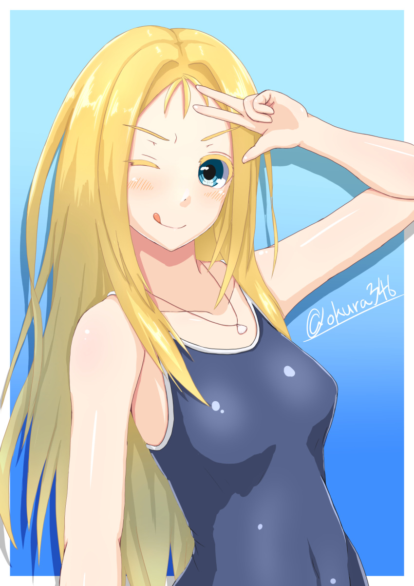 1girl arm_up blonde_hair blue_background blue_eyes blue_one-piece_swimsuit border collarbone competition_school_swimsuit covered_navel gradient_background highres jewelry kofune_ushio long_hair looking_at_viewer necklace okura346 one-piece_swimsuit one_eye_closed outside_border school_swimsuit solo summertime_render swimsuit tongue tongue_out twitter_username v white_border