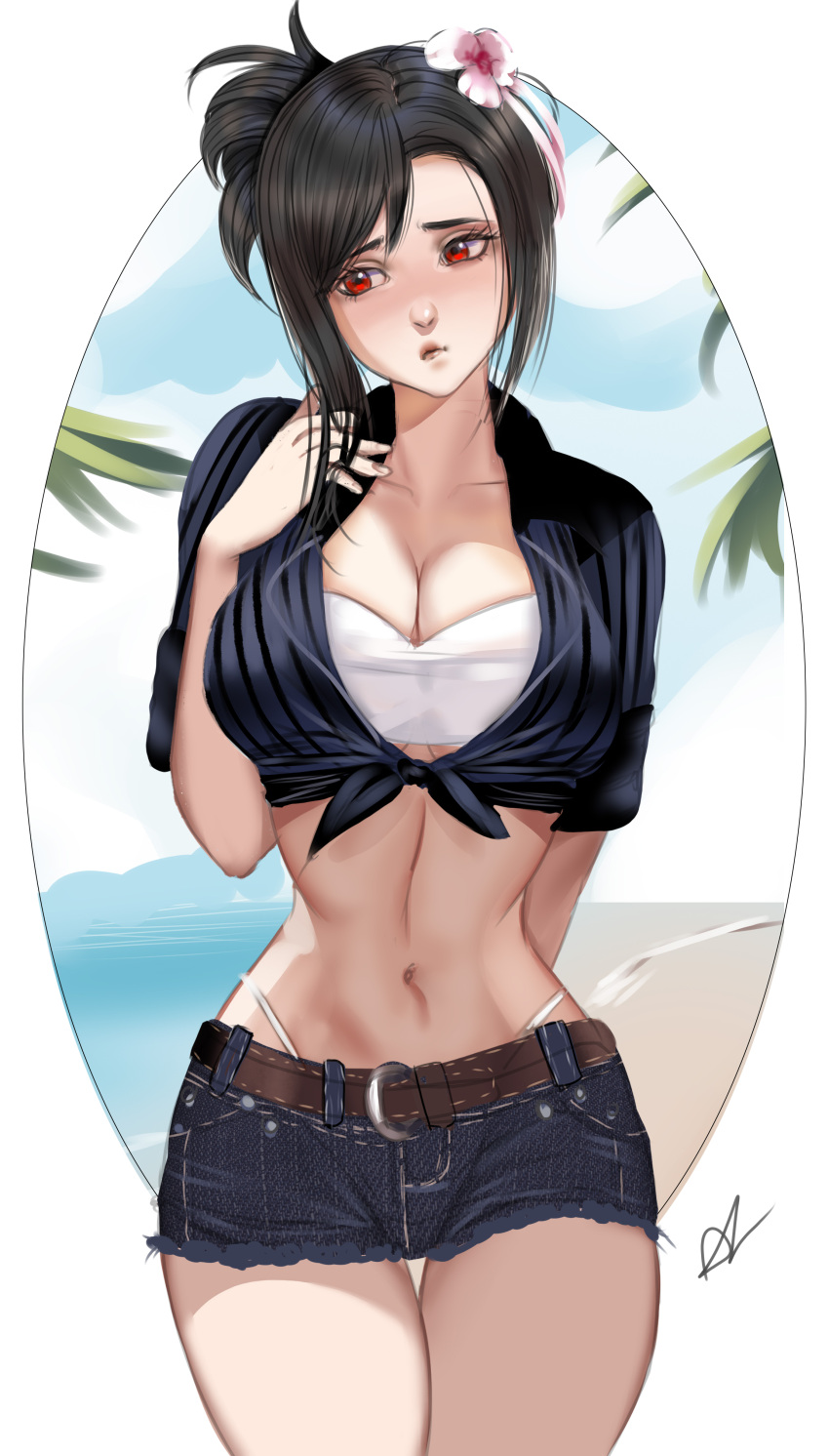 1girl absurdres arialla_draws arm_behind_back beach belt belt_buckle bikini bikini_under_clothes black_hair blue_shorts blue_skirt blue_sky blush breasts buckle cleavage closed_mouth cloud cloudy_sky collarbone commentary cowboy_shot denim denim_shorts english_commentary final_fantasy final_fantasy_vii final_fantasy_vii_rebirth final_fantasy_vii_remake flower front-tie_top hair_flower hair_ornament highleg highleg_bikini highres large_breasts long_hair midriff navel ocean official_alternate_costume official_alternate_hairstyle pink_flower red_eyes shirt short_shorts shorts shy sidelocks signature skirt sky solo striped_clothes striped_shirt swept_bangs swimsuit tied_shirt tifa_lockhart vertical-striped_clothes vertical-striped_shirt white_bikini