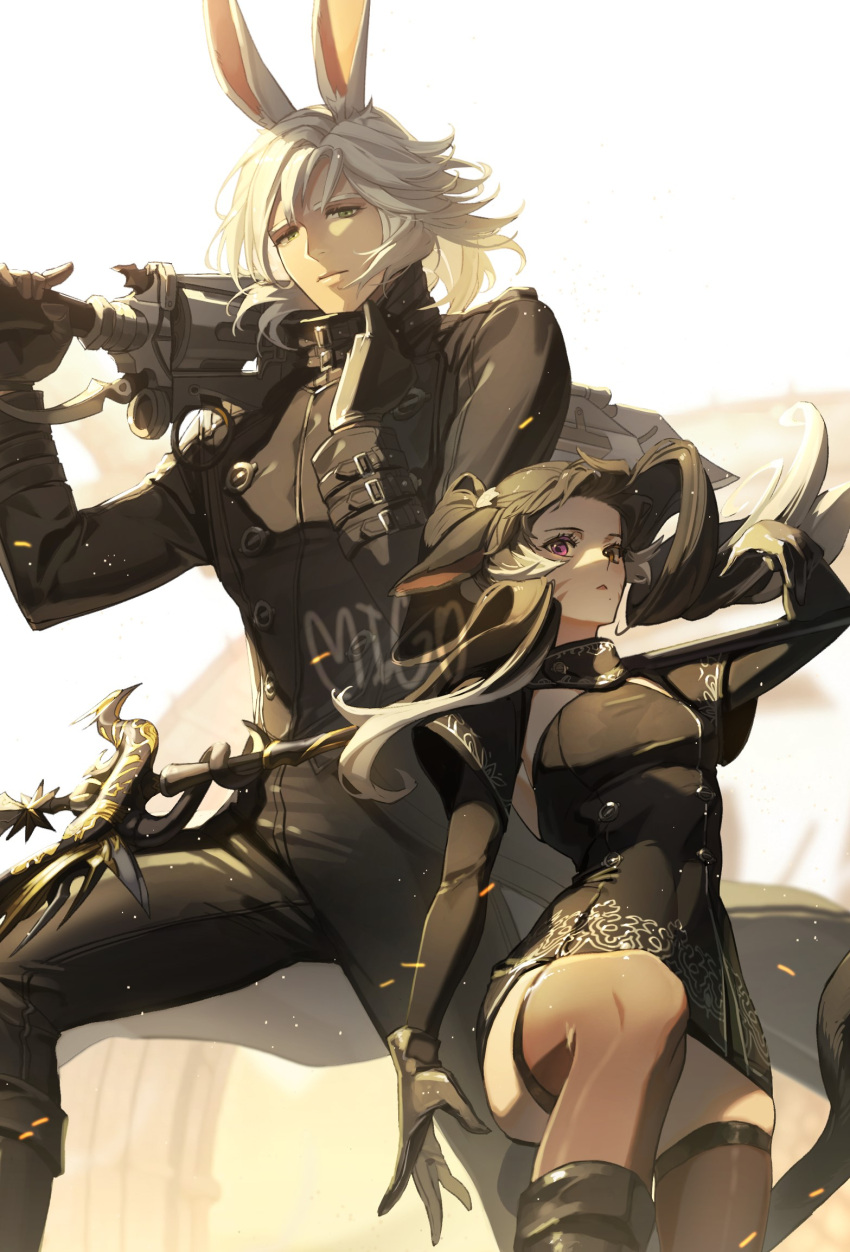 1boy 1girl black_coat black_gloves black_pants brown_thighhighs buttons closed_mouth coat double-breasted dragoon_(final_fantasy) dress elbow_gloves final_fantasy final_fantasy_xiv floating_hair gloves green_eyes grey_hair gun gunblade gunbreaker_(final_fantasy) hand_up highres holding holding_gun holding_weapon long_sleeves looking_at_viewer migo45 miqo'te nier:automata nier_(series) original over_shoulder pants parted_lips ponytail red_eyes short_dress signature thighhighs viera warrior_of_light_(ff14) weapon weapon_over_shoulder