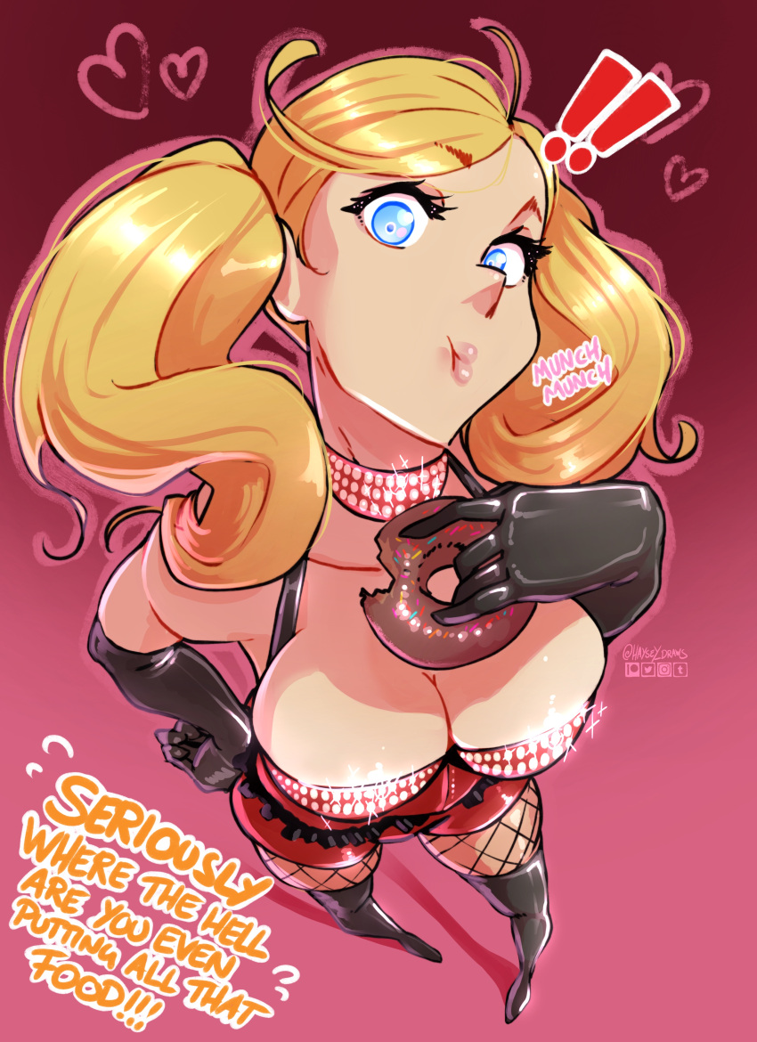 1girl absurdres blonde_hair doughnut food haysey highres lips persona persona_5 solo standing takamaki_anne twintails