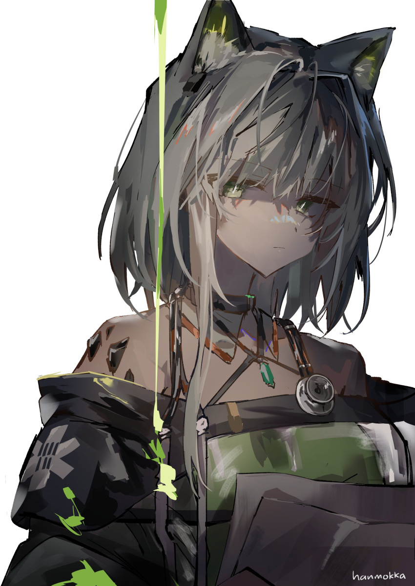 1girl absurdres animal_ear_fluff animal_ears arknights bare_shoulders black_eyeliner bob_cut cat_ears cat_girl closed_mouth dress expressionless eyelashes eyeliner green_dress green_eyes green_hair grey_hair hair_between_eyes highres jacket jewelry kal'tsit_(arknights) kuroyamamiyuki long_sleeves makeup messy_hair off-shoulder_dress off-shoulder_jacket off_shoulder pendant short_hair simple_background solo stethoscope white_background white_hair