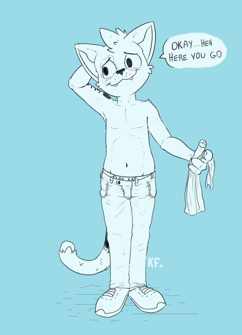 absurd_res anthro belly challenge clothed clothing domestic_cat felid feline felis hi_res katxfish katxlogan male mammal navel nervous nervous_expression nervous_smile nervous_sweat shy solo speech_bubble taking_off_shirt tattoo teasing text topless topless_male underwear undressing