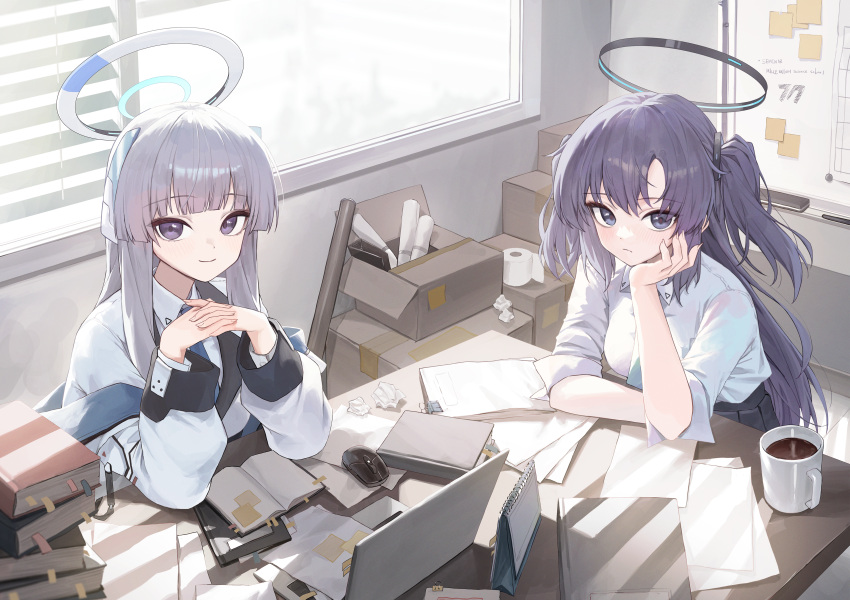 2girls absurdres black_skirt blue_archive blue_necktie blush book box breasts closed_mouth coffee coffee_mug collared_shirt computer cup gnns grey_hair halo highres indoors jacket laptop large_breasts long_hair long_sleeves looking_at_viewer mechanical_halo mouse_(computer) mug multiple_girls necktie noa_(blue_archive) paper pleated_skirt purple_eyes purple_hair shirt short_sleeves skirt smile tissue two_side_up white_jacket white_shirt window yuuka_(blue_archive)