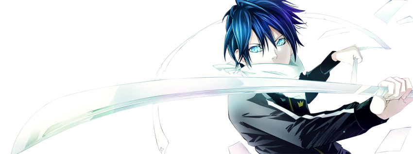 1boy black_jacket blue_eyes jacket non-web_source noragami pants pointy_hair sword track_pants weapon yato_(noragami) yukine_(noragami)