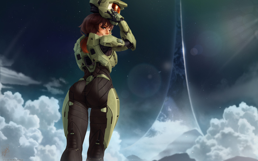 1girl armor arms_up ass assault_visor brown_hair cloud feet_out_of_frame genderswap genderswap_(mtf) halo_(series) helmet highres holding holding_helmet long_hair looking_back master_chief one_eye_closed outdoors ponytail power_armor sky smile solo spartan_(halo) star_(sky) starry_sky themaestronoob unworn_headwear unworn_helmet