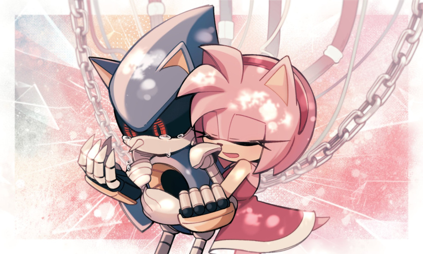 1boy 1girl amy_rose animal_ears bz_shawn chain closed_eyes crying crying_with_eyes_open dress furry furry_female gloves highres hug metal_sonic open_mouth red_dress red_eyes robot sleeveless sleeveless_dress sonic_(series) tail tears white_gloves