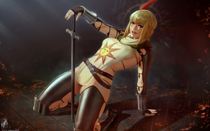 1girl :d blonde_hair breasts brown_gloves covered_nipples dark_souls_(series) dark_souls_i fingerless_gloves gloves hat_feather highres leaning_back long_sleeves medium_breasts short_hair signature smile solaire_of_astora solo sun_print sword teeth themaestronoob tile_floor tiles tongue upper_teeth_only weapon