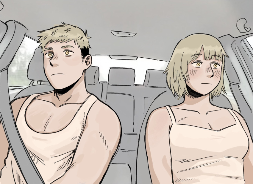 1boy 1girl blank_stare blush breasts brother_and_sister car_interior cleavage dgae_715 dungeon_meshi falin_thorden highres laios_thorden looking_ahead medium_breasts parody_request pectoral_cleavage pectorals siblings sitting tank_top thick_eyebrows toned toned_male upper_body white_tank_top