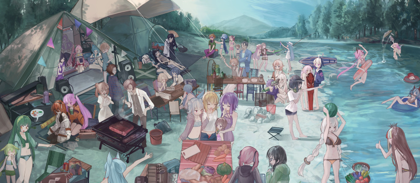 &gt;_&lt; 2others 6+boys 6+girls ? a.i._voice absurdres adachi_rei ahoge aiming allial_(coefont) amane_kana animal antenna_hair arrow_(symbol) averuni_(coefont) bare_arms basket bikini black_hair blonde_hair blowing_whistle blue_bikini blue_eyes blue_hair blue_jacket blue_shirt boater_hat boned_meat book bottle brown_eyes brown_hair campfire camping can canoe carrot carrying_over_shoulder cevio chair character_request chopsticks closed_eyes coat coefont cooking corn criss-cross_halter crossed_arms crown cucumber cutting_board dark_green_hair denim double_bun dress drill drill_hair eagle_talon eggplant everyone eye_mask eye_print fish fishing_rod floating flying_sweatdrops folding_chair food food_on_head forest fruit galaco glasses goggles goggles_around_neck green_bikini green_hair green_jacket green_shorts grey_hair grill guitar gynoid_talk hair_bun hair_flaps hairband halterneck hand_in_pocket hand_on_another's_shoulder hand_on_hip haruno_sora headgear highres hinode_ken holding holding_animal holding_book holding_chopsticks holding_fish holding_fishing_rod holding_food hood hoodie horns ia_(vocaloid) ice_cream_bar innertube instrument instrument_case iori_yuzuru jacket jam_band jeans jitome jumping kazami_souichi koharu_rikka kotonoha_akane kotonoha_aoi kyoumachi_seika lantern leaning_forward light_blue_hair light_brown_hair long_hair looking_at_another low_twintails meat meika_mikoto microa microphone microphone_stand millial_(coefont) minase_kou mitarashi_marie mountain mouth_hold multicolored_hair multiple_boys multiple_girls multiple_others music nature navel object_on_head ok_sign one_(cevio) onion open_fly open_mouth otomachi_una outdoors outstretched_arms paddle panties pants pink_bikini pink_dress pink_eyes pink_hair pink_headwear plate playing_instrument pointing purple_dress purple_eyes purple_hair purple_jacket red-framed_eyewear red_panties river robot satou_sasara scenery seiza shikoku_metan shiosaki_kazuki shirt shorts siblings side_ponytail sisters sitting sleeping sleeping_upright smile solid_eyes spaghetti_strap speaker speech_bubble spoken_food squash squatting star_(symbol) streaked_hair string_of_flags surfboard suzuki_tsudumi swimsuit synthesizer_v table takahashi_(cevio) talkex tent thumbs_up tomato toolbox touhoku_itako touhoku_kiritan touhoku_zunko tree tsuina-chan tsukuyomi_ai tsukuyomi_shouta tsurumaki_maki tsutsumi_kanon tsutsumi_rizumu twin_drills twintails underwear utau vegetable very_long_hair very_wide_shot visor_cap vocaloid voiceroid voicevox water_gun watermelon whistle white_coat white_hair white_headwear white_shirt wide-eyed yellow_eyes yoshida-kun_(eagle_talon) yuuki_kaori yuzuki_yukari yuzuki_yukari's_younger_twin_brother zunda_mochi zundamon zzz