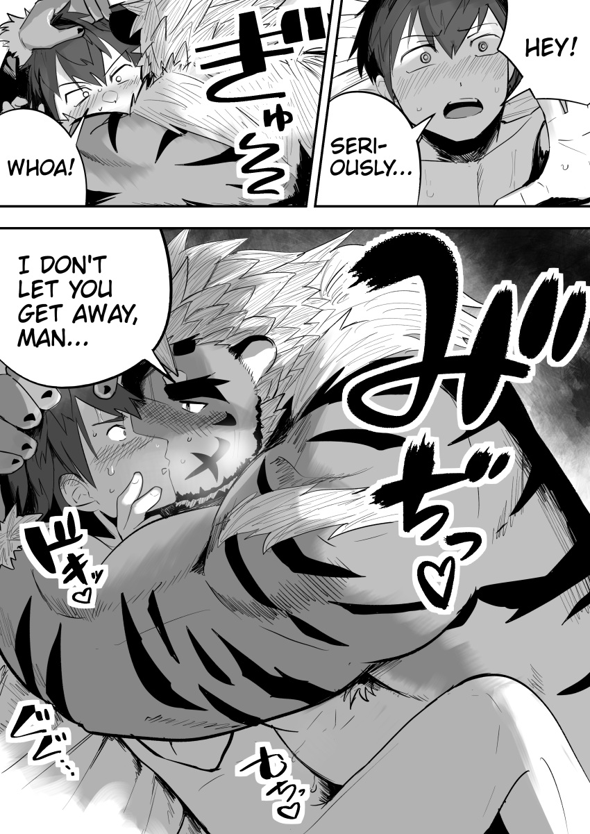 &lt;3 absurd_res anthro blush bodily_fluids breath comic cuddling duo english_text eye_contact felid fur hair hi_res holding_head holding_partner hombretigre human human_on_anthro interspecies japanese_text kissing larger_anthro larger_male lifewonders looking_at_another male male/male mammal musclegut muscular muscular_anthro muscular_male nude pantherine protagonist_(tas) romantic romantic_couple saikorodekimeru size_difference smaller_human smaller_male striped_body striped_fur stripes sweat text tiger tokyo_afterschool_summoners twink_protagonist_(tas) video_games